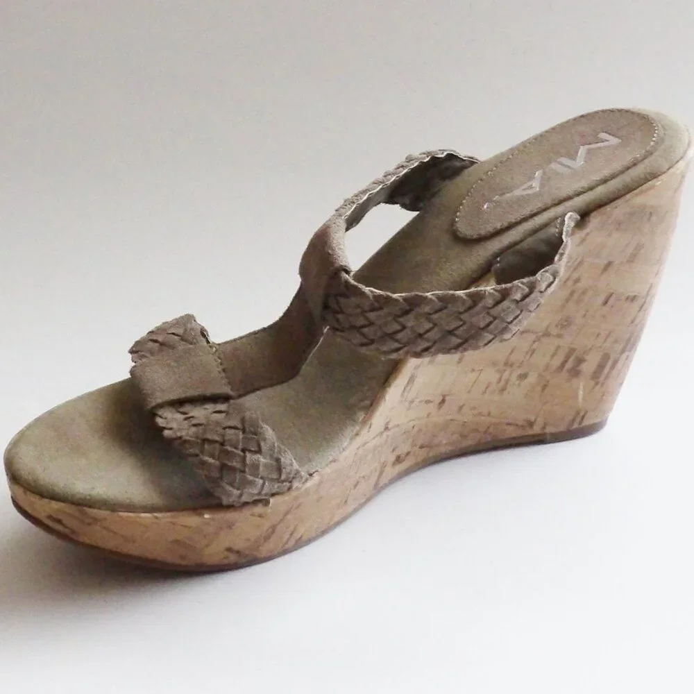 Mia Boho Suede Leather T-Strap Cork Heel High Wedge Sandals Size 9 Taupe